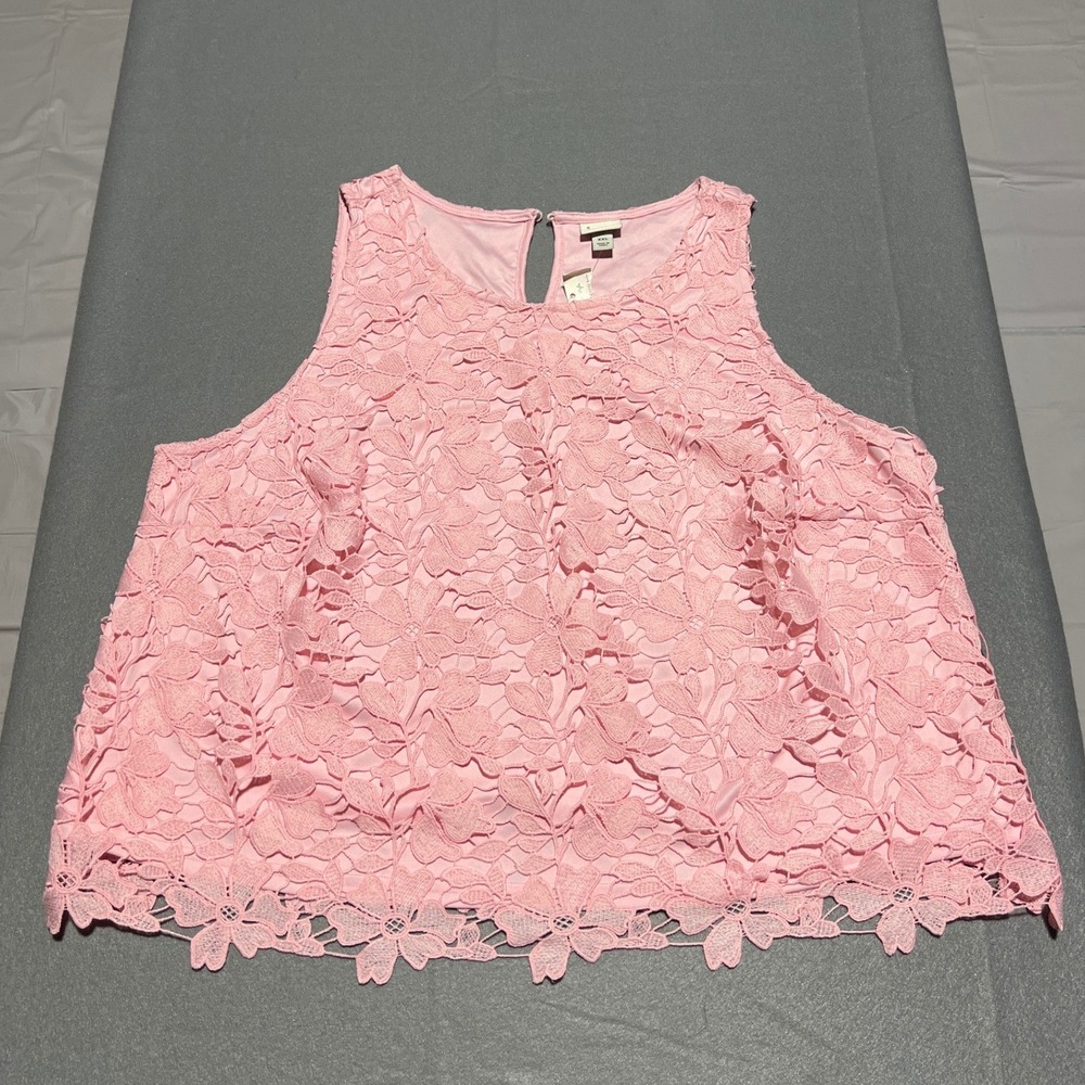 A New Day Pink Floral Lace Sleeveless Top XXL Keyhole Back Scalloped Hem